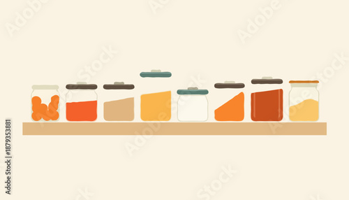 Flat vector illustration of a shelf filled with jars, bottles and storage containers. Organized kitchen or pantry shelf, home storage, minimal still life and modern interior concept.