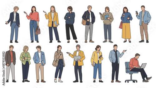 A diverse collection of men and women in casual and business attire, depicted in a clean, illustrative style, showcasing various poses and accessories.