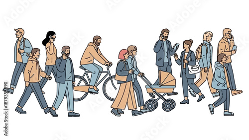 A diverse group of people walking and cycling on a street, some using mobile phones, with a baby stroller.