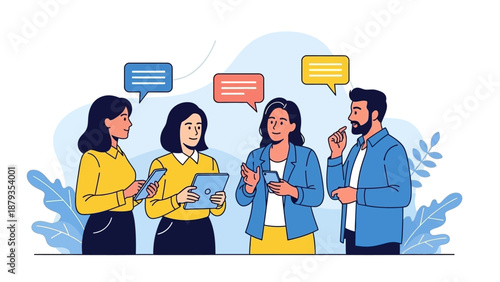 A diverse group of four professionals engaged in a lively discussion, using tablets and phones, with speech bubbles indicating communication.