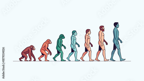 Illustration depicting the evolutionary progression of hominids from ape-like ancestors to modern humans.