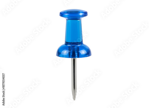 Vibrant blue translucent plastic pushpin with a shiny metal needle isolated on a pristine white background, perfect for office organization