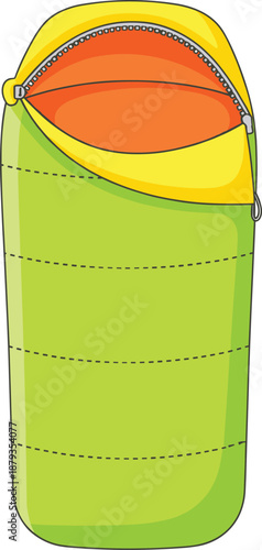 Bright camping sleeping bag illustration featuring padded outdoor gear with zipper, warm layers, and colorful travel equipment design
