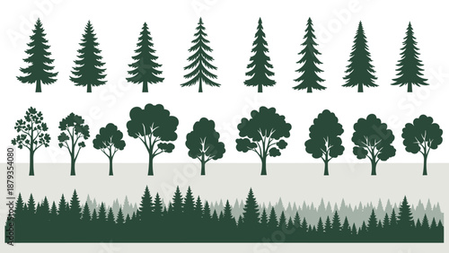 A collection of various evergreen and deciduous trees, including pine trees and leafy trees, arranged in rows and a forest silhouette.