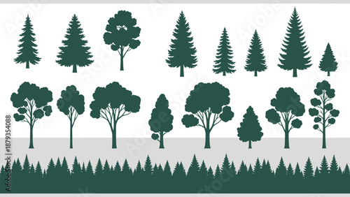A collection of various green tree silhouettes, including coniferous and deciduous types, set against a plain background.