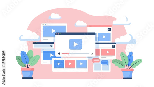 A vibrant illustration showcasing a collection of digital video player interfaces and content thumbnails, set against a soft pink backdrop with stylized clouds and potted plants.
