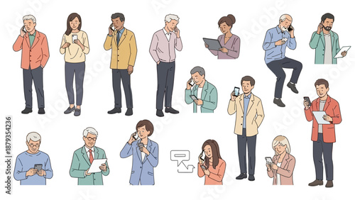 A diverse group of people of various ages and ethnicities are shown using mobile phones and tablets in a variety of poses and settings.