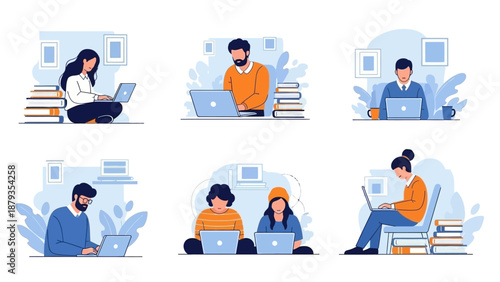 A collection of diverse individuals engaged in remote work and study, utilizing laptops amidst stacks of books and minimalist decor.