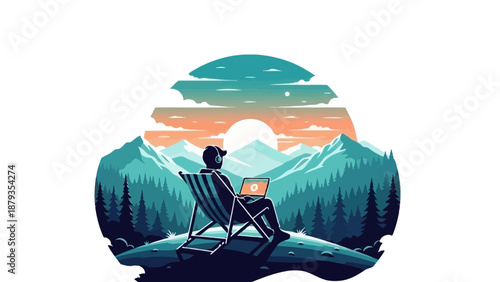 A person sits in a lounge chair with a laptop, enjoying a scenic mountain landscape at sunset.