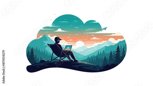 A person sits in a lounge chair with a laptop, enjoying a scenic mountain landscape at sunset.