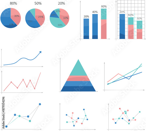 Colorful business chart set including pie charts, bar graphs, line charts, pyramid diagrams, and data analytics visuals for presentations
