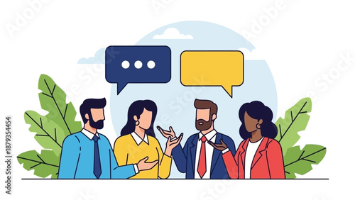 Diverse group of professionals engaged in a lively discussion with speech bubbles indicating communication and ideas.