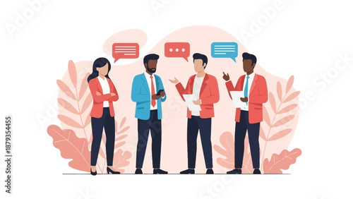 Four diverse professionals engaged in a collaborative discussion with speech bubbles indicating communication and ideas.