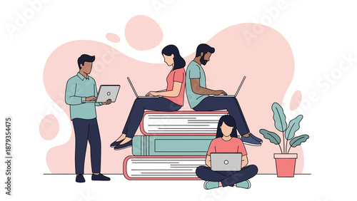 Diverse group of people collaborating and studying together using laptops and books in a modern, bright setting.