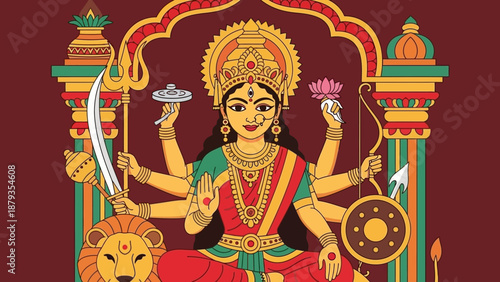 Vector illustration of the powerful Hindu Goddess Durga, the divine mother with multiple arms holding weapons, seated on her lion for the Navratri festival