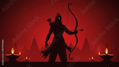 A graphic illustration of a mythological archer hero celebrating a traditional festival of lights with glowing oil lamps