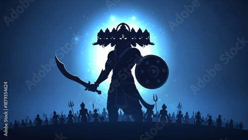 The Epic Silhouette of Ravana, the Ten-Headed Demon King, Standing Proudly with His Army