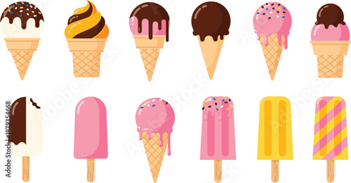 Colorful ice cream and popsicle illustrations featuring cones, scoops, sprinkles, chocolate drips, and frozen treats for summer designs