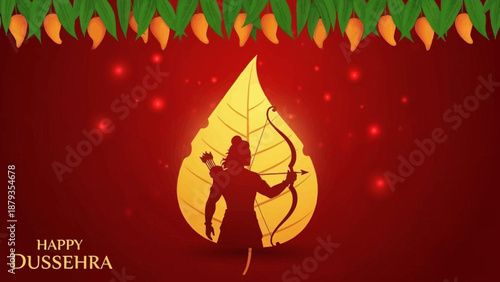 Illustration of Lord Rama with a bow and arrow inside a golden leaf, celebrating the Hindu festival of Dussehra on a decorative red background