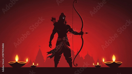 Majestic silhouette of a divine warrior with bow and arrow, amidst glowing oil lamps and temple spires, symbolizing the triumph of virtue and festive spirit