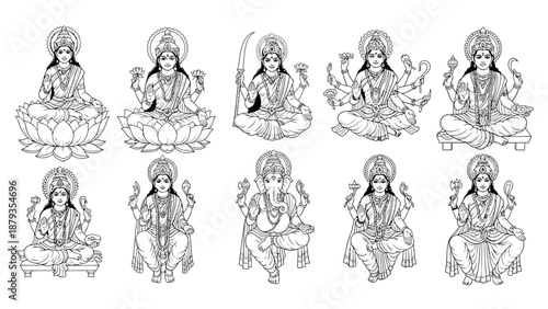 Harmonious collection of traditional Hindu deities line art illustrations, featuring various gods and goddesses in serene poses, ideal for spiritual and cultural design