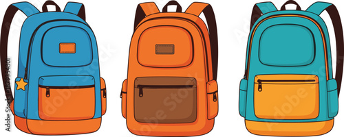 Colorful school backpack illustrations featuring multiple pockets and modern designs for student supplies, travel gear, and education graphics