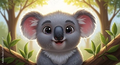 Adorable cartoon koala bear with big expressive eyes sitting on a tree branch surrounded by lush green leaves in a vibrant forest scene perfect for children's books and nature themes