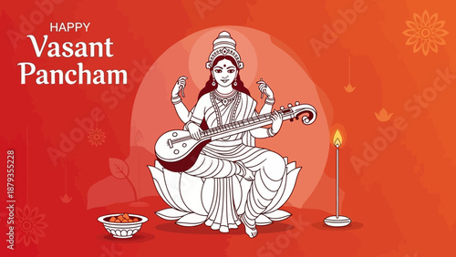 Illustration of the Hindu goddess of knowledge Saraswati seated on a lotus flower, symbolizing music, art, and wisdom for a cultural festival celebration