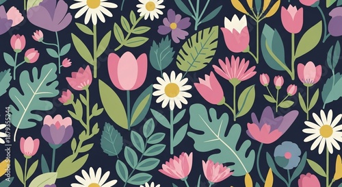Colorful floral pattern with pink tulips white daisies green leaves and vibrant botanical elements on dark background for design projects