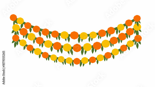 Three decorative rows of traditional Indian marigold flower garlands in orange and yellow with green leaves, often used for festive decorations.
