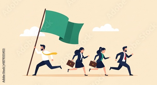 Group of diverse businesspeople running with a large green flag in a professional teamwork and leadership concept illustration for corporate success and motivation