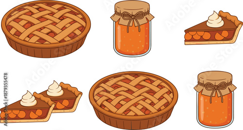 Illustration set of homemade pies, pie slices with cream, and jars of preserved fruit in rustic style