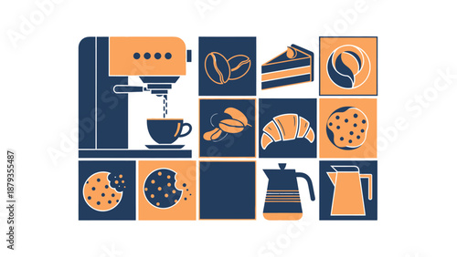 A collection of stylized icons representing coffee, pastries, and related items, arranged in a grid.