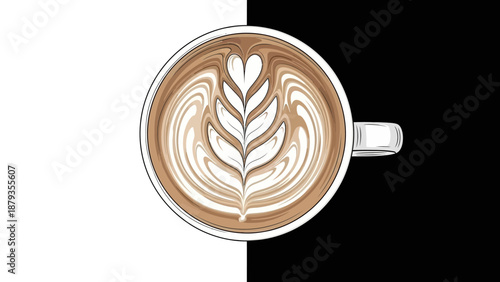 A top-down view of a beautifully crafted latte with intricate milk art, set against a striking black and white background.