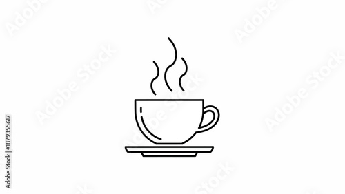 A simple line art illustration of a steaming cup of coffee on a saucer.