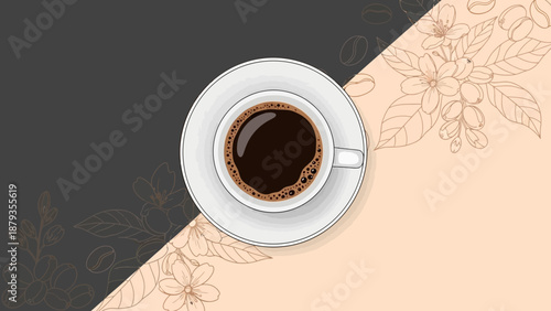 A top-down view of a steaming cup of black coffee on a saucer, set against a split background of dark gray and light peach with floral and coffee bean motifs.