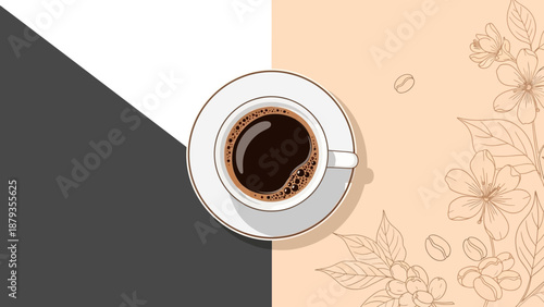 A top-down view of a steaming cup of rich, dark coffee on a saucer, set against a split background of dark gray and a light peach with floral illustrations.