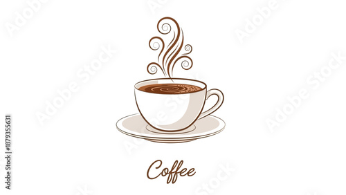 A white cup of hot coffee with steam rising from it, placed on a saucer, with the word "Coffee" written below.