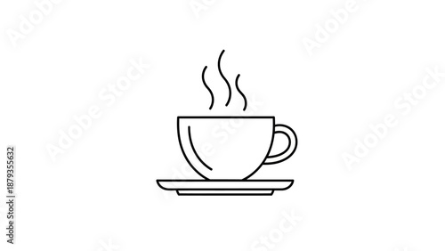 A simple line art illustration of a steaming cup of coffee on a saucer.