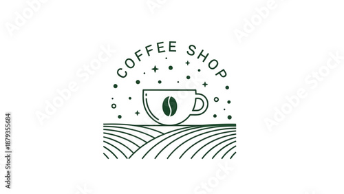 A minimalist line art logo featuring a coffee cup with a coffee bean inside, set against a backdrop of rolling hills and stars.