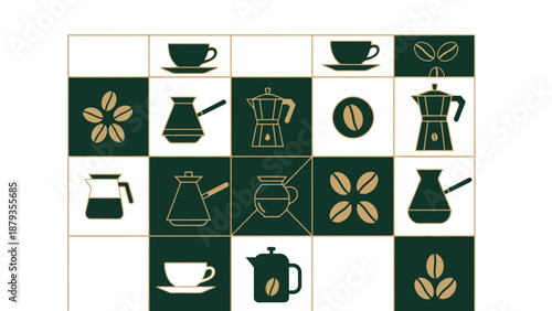 A grid of coffee-related icons including cups, pots, beans, and brewing devices, set against a dark green and white background.