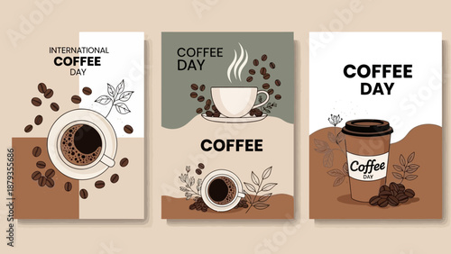 Three artistic illustrations celebrating International Coffee Day with coffee cups, beans, and leaves.