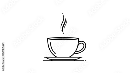 A simple line art illustration of a steaming cup of coffee on a saucer.