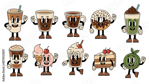 A collection of cartoon characters representing various sweet treats and beverages, rendered in a retro animation style.
