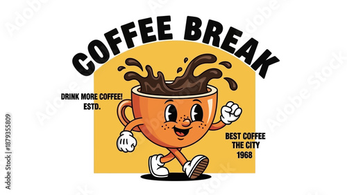 A retro cartoon illustration of a cheerful coffee cup character with a splash of coffee, promoting a coffee break.
