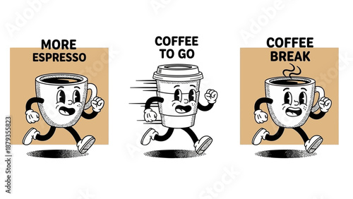 Three cartoon coffee cups with faces and legs running, representing different coffee-related concepts.