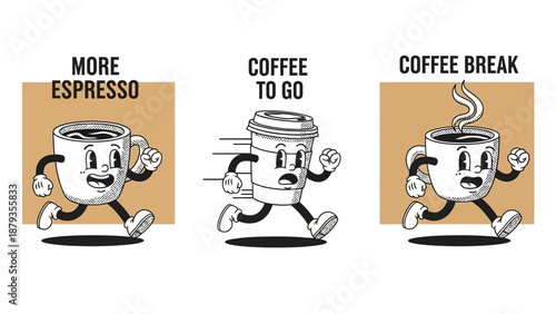 Three cartoon coffee cups with faces and arms and legs running, representing 'More Espresso', 'Coffee to Go', and 'Coffee Break'.