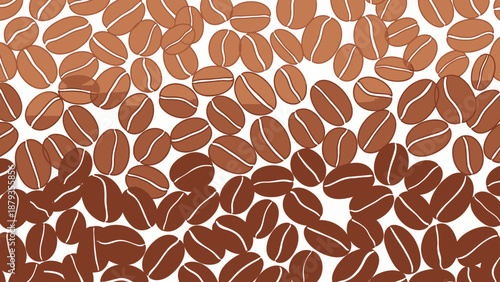 A close-up illustration of many roasted coffee beans scattered across a white background.