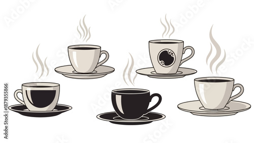 Five steaming cups of coffee on saucers, arranged in a scattered pattern against a white background.