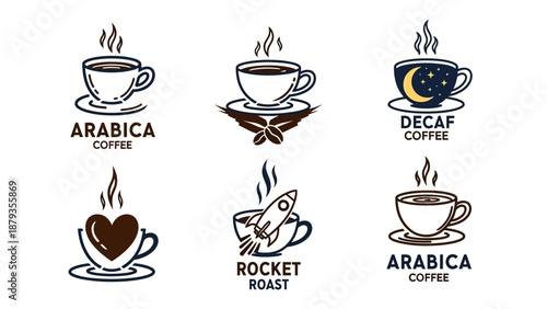 Collection of six stylized coffee cup logos, each featuring unique designs and text labels like 'Arabica', 'Decaf', and 'Rocket Roast'.